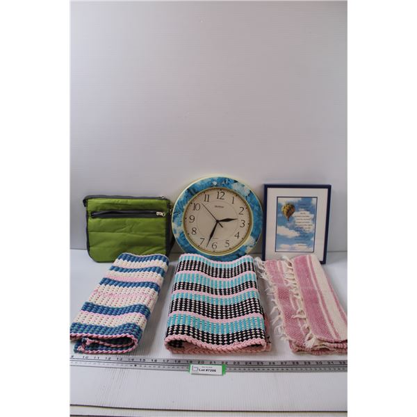Lot: 3 placemats, clock (some damage), sign, pencil case