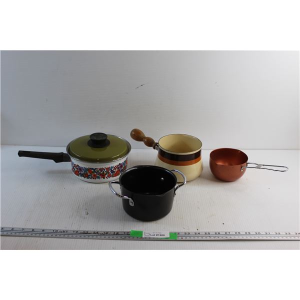 (4) Assorted Pots and (1) Enamel Lid