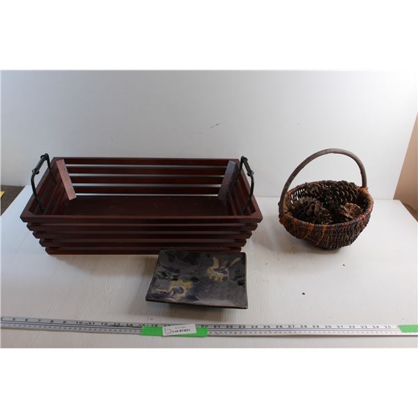 Wooden Serving Tray, Decorative Square Plate and a Willow Basket