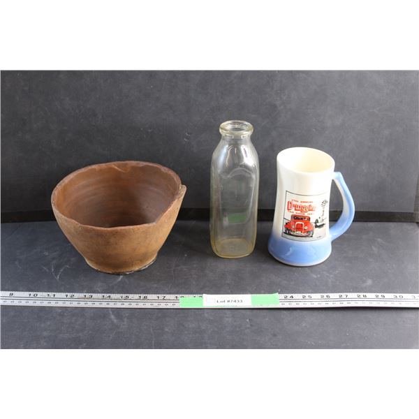 Ceramic Planter, Vintage Milk Glass Bottle and Beer Stein