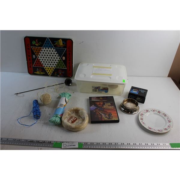Ropes, Chinese Checkers Board, Plastic Container with Lid, Ceramic Plate and Misc.