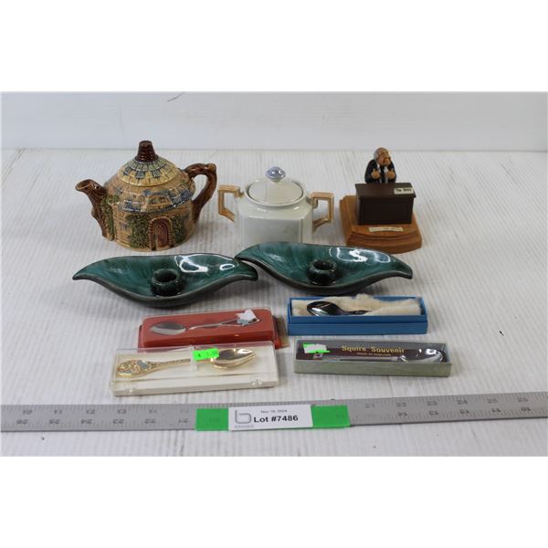 Cream and Sugar, (2) Candle Holders, (4) Decorative Spoons