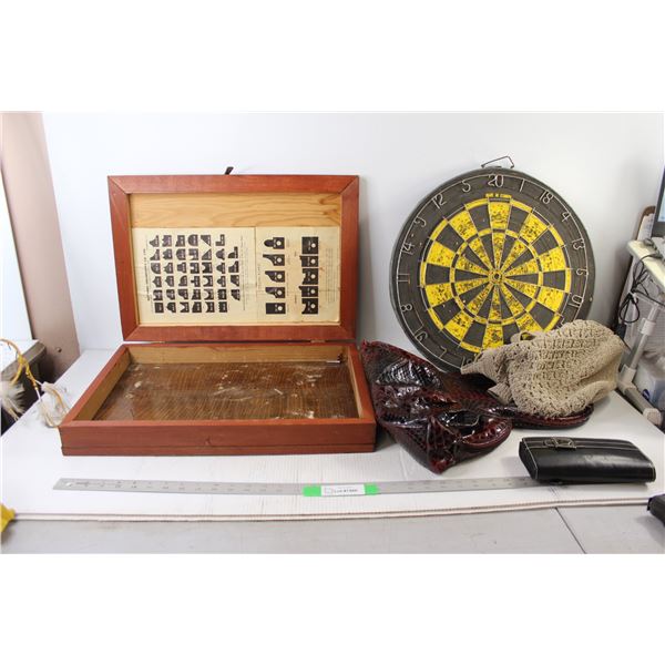 Parts Box, Dartboard, (2) Purses, Woman's Wallet
