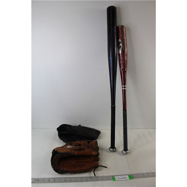 Easton Baseball Glove, Nike Baseball Glove, (2) Baseball Bats