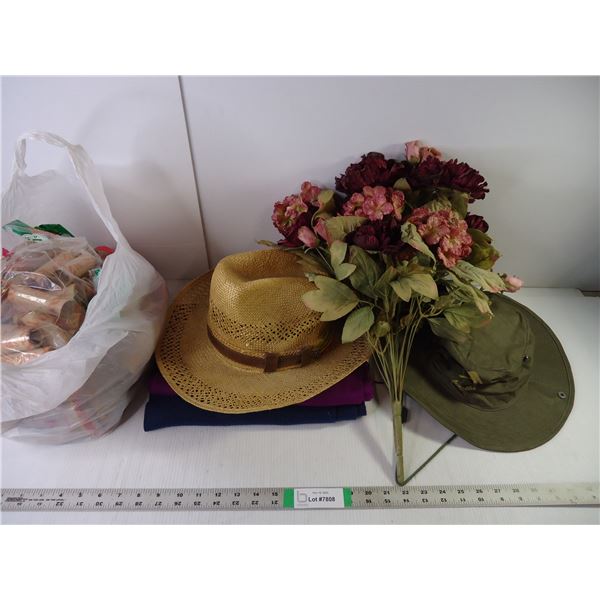 (2) Hats,(2) Scarves, Dried Bouquet of Flowers and bag of assorted coin rollers