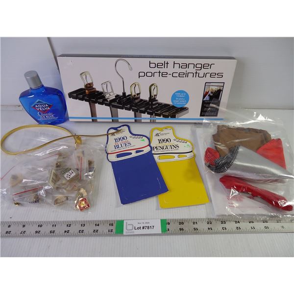 Belt hanger, Bag of Pins, Handkerchiefs<aftershave and misc.