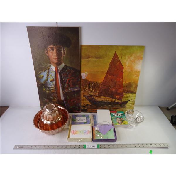 (2) Wall Art,(4) pkgs. Thank You Cards, Jello Mould, Joke Book, candy Dish
