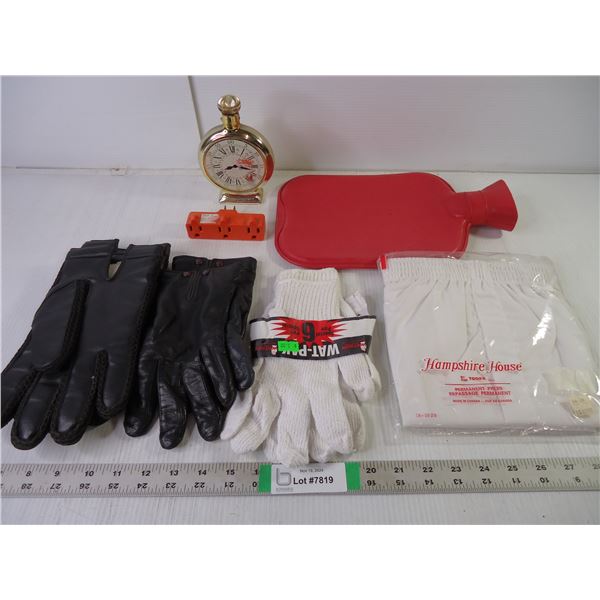 Hot Water Bottle, Briefs,(3) Pairs Gloves, Avon Bottle and Multi-Plug