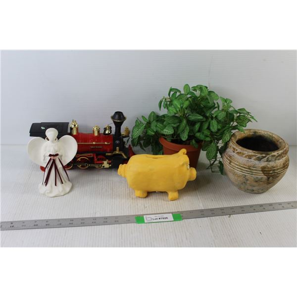 Model Train, Homemade Ceramic Piggy Bank, Planter, Artificial Plant, Angel Candle Holder