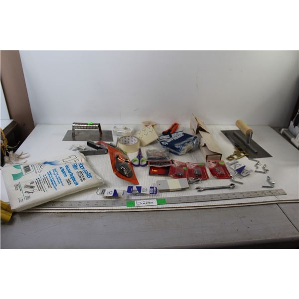 (2) Flooring/Tile Scraper, Tape, Scissors, Wrench, Assorted Tools and Hardware