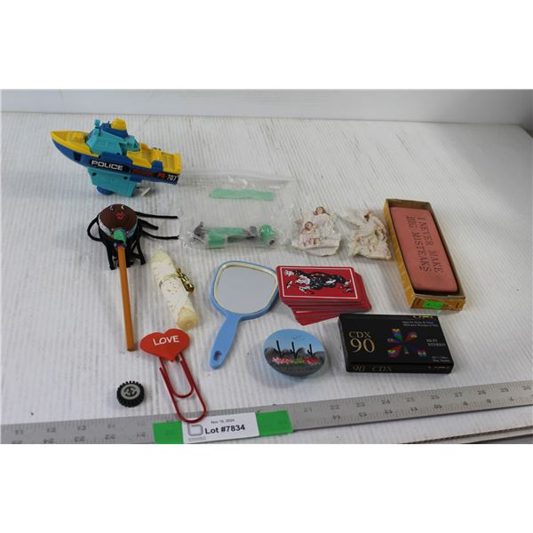 Giant Eraser, Cassette, Cards, (2) Ceramic Angel Decorations, misc.