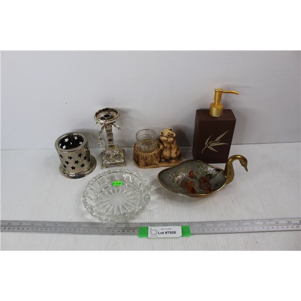 Lot Of Various Decor Items, Swan Like Soap Dish, Hand Soap Dispenser, Misc.