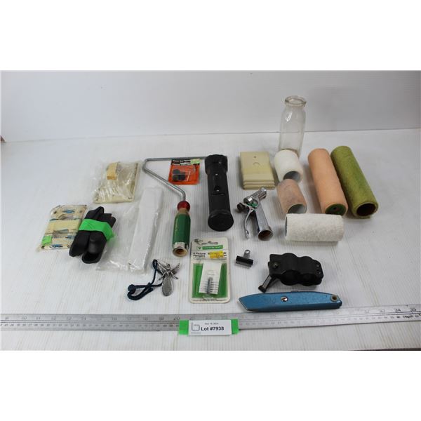 Lot Of Various Hardware Items, (5) Paint Roller Brushes, Utility Knife, Misc.
