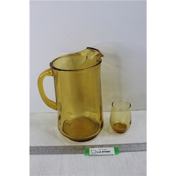 Amber Glass Picher, 9'' Tall w/ Matching Cup