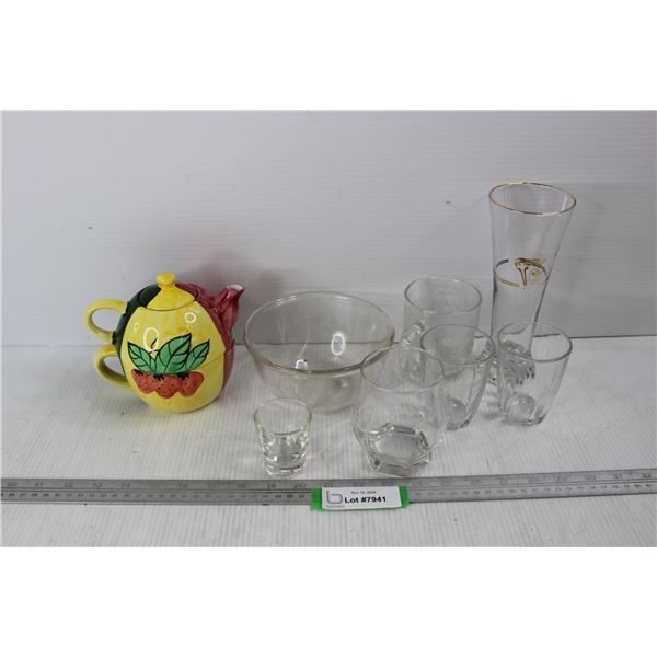 Various Glass Dishes, Vases, Cups, Bowls, Misc. Country INN Collection Small Teapot Decoration w/ Cu