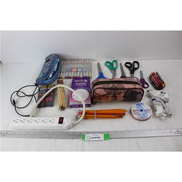 Various Office Supplies, Oil Pastels, Pencils, Hot Glue Gun, Misc.
