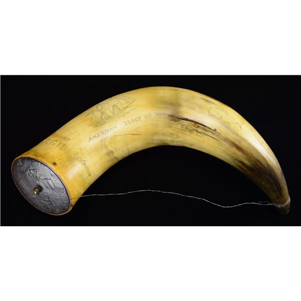 LARGE DECORATIVE CARVED POWDER HORN.