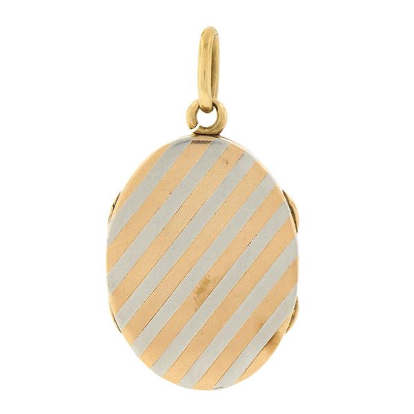 Antique 14k Rose Gold & Platinum Stripped Work Polished Oval Locket Pendant