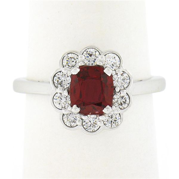 Platinum 1.35 ctw GIA BURMA NO HEAT Cushion VIVID RED Spinel Diamond Halo Ring