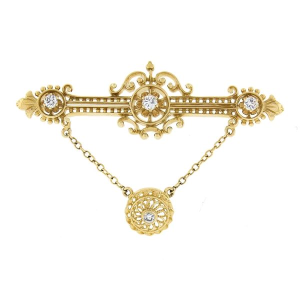 Vintage Victorian Revival 14K Gold Diamond Detailed Bar Pin Brooch w/ Dangle