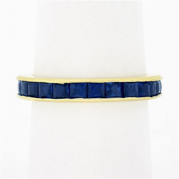 Vintage 18k Gold 3 ctw GIA French Square Cut Sapphire Channel Eternity Band Ring