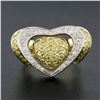 Image 2 : Vintage 14k TT Gold Pave Fancy Yellow & White Diamond Large Wide Dual Heart Ring