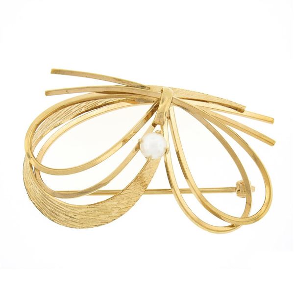 Vintage Carl Art Inc 14k Gold Modernist Wire Work & Pearl Dual Finish Bow Brooch