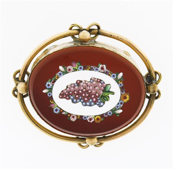 Antique 10k Gold Micro Mosaic Grape Scene Carnelian & Tube Frame Oval Pin Brooch