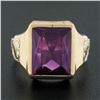 Image 2 : Antique 10k Gold Rectangular Bezel Set Purple Stone Solitaire Hand Engraved Ring