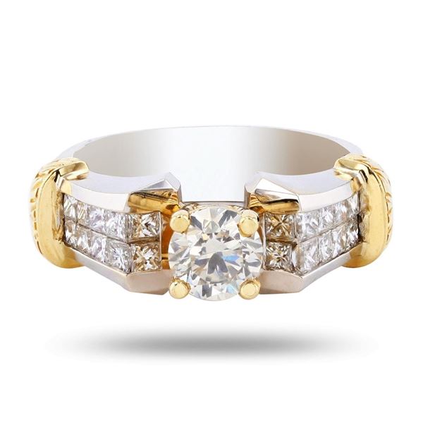 0.71 ctw SI2 CLARITY CENTER Diamond 18K White and Yellow Gold Ring (1.51 ctw Dia