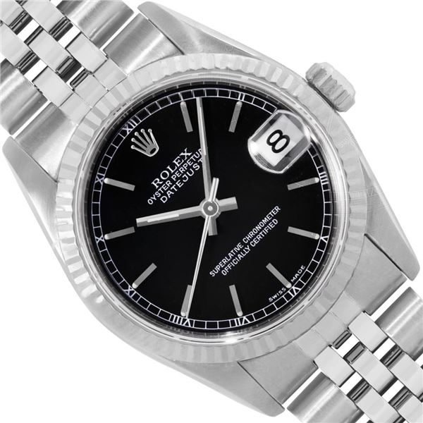 Rolex Ladies Stainless Steel Midsize 31MM Black Index 18K Gold Fluted Bezel Date