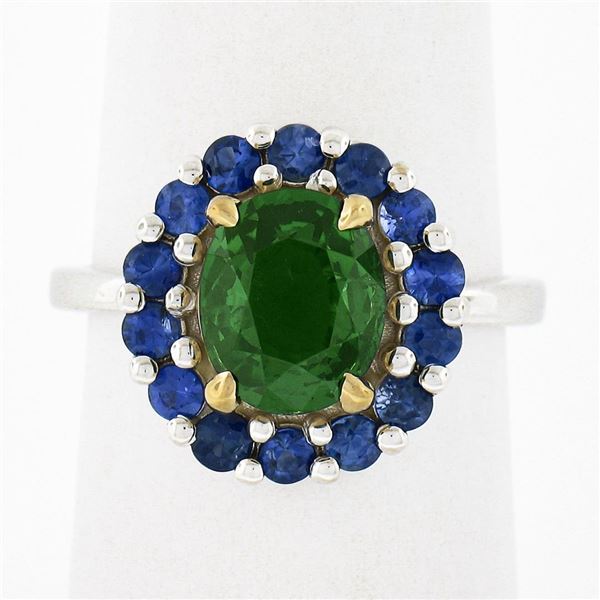 18k TT Gold 2.83 ctw GIA Oval Green Tsavorite & Round Sapphire Halo Cocktail Rin