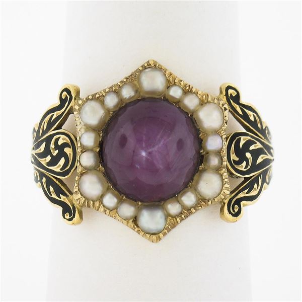 Vintage 18k Gold 3.5 ctw Cabochon Star Ruby & Pearl Halo w/ Black Enamel Band Ri