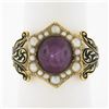 Image 1 : Vintage 18k Gold 3.5 ctw Cabochon Star Ruby & Pearl Halo w/ Black Enamel Band Ri