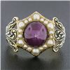 Image 2 : Vintage 18k Gold 3.5 ctw Cabochon Star Ruby & Pearl Halo w/ Black Enamel Band Ri