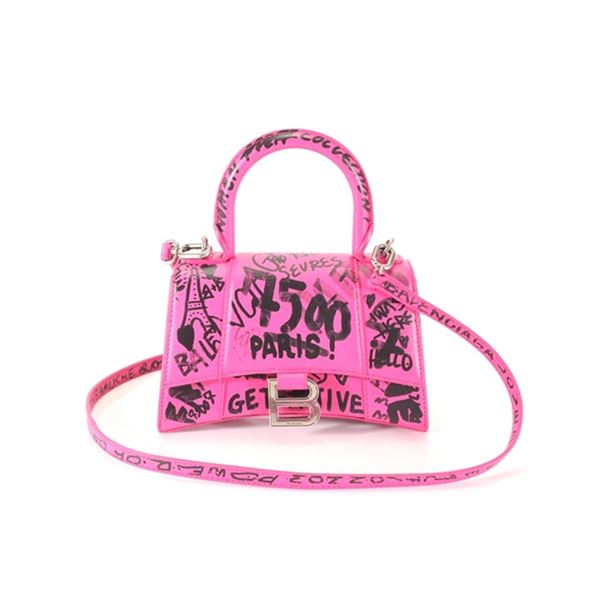 Balenciaga Pink Graffiti Printed Calfksin Leather Hourglass XS Top Handle Should