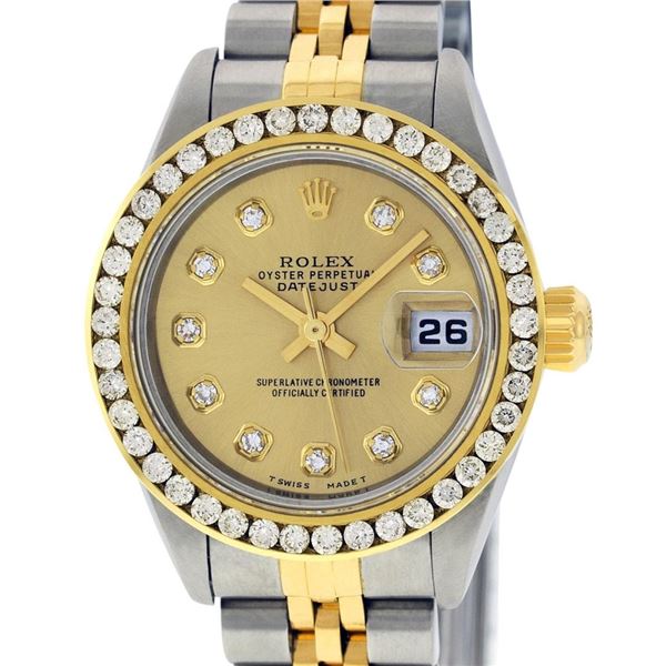 Rolex Ladies Quickset Two Tone Champagne Channel Set Diamond Datejust Wristwatch