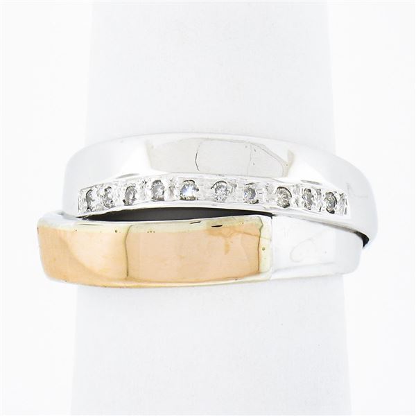 14k Two Tone Gold 0.05 ctw Pave Diamond Polished Crossover Wide Dual Band Ring