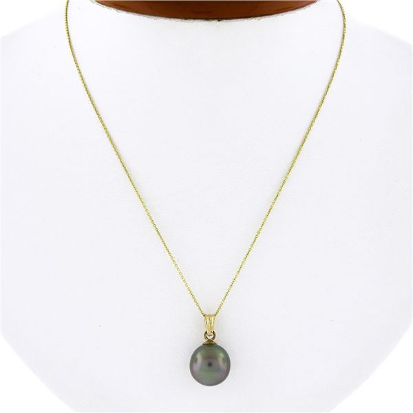 14K Yellow Gold 11.5mm Tahitian Gray Pearl Solitaire Pendant 18 Chain Necklace