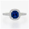 Image 5 : Platinum GIA NO HEAT Cushion Sapphire Solitaire w/ Diamond Halo Engagement Ring