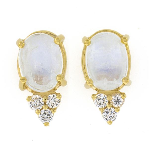 14K Yellow Gold Oval Cabochon Blue Moonstone Diamond Cluster Drop Stud Earrings