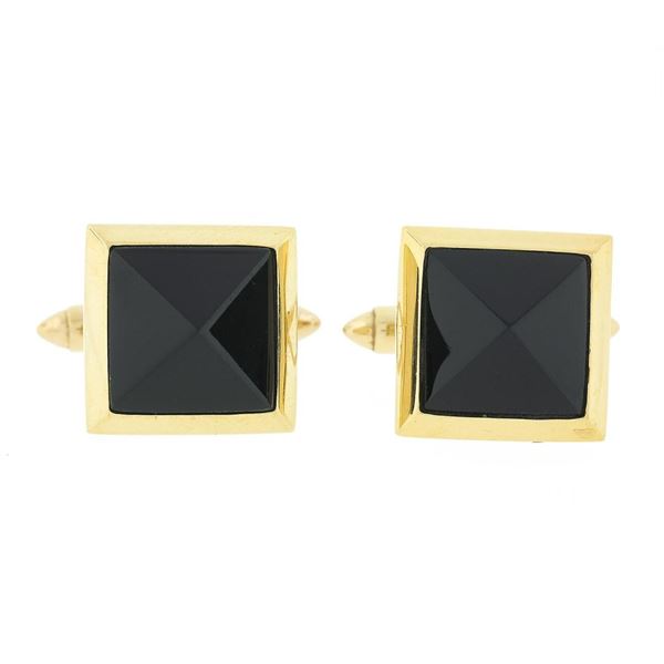 Vintage 18K Yellow Gold Pyramid Cut Bezel Black Onyx Square Swivel Cuff Links