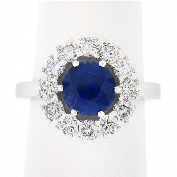 NEW Platinum 3.06 ctw GIA Ceylon Round Blue Sapphire Brilliant Diamond Halo Ring