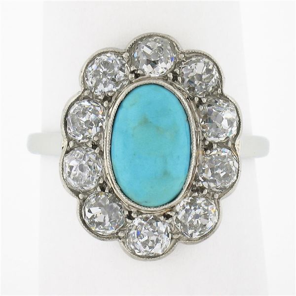 Antique Victorian 18k Gold Oval Cabochon Turquoise w/ Mine Cut Diamond Halo Ring