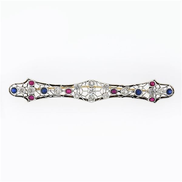 Antique Victorian 14k Gold & Platinum GIA Old Sapphire Ruby Diamond Long Bar Pin