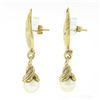 Image 3 : 14K Yellow Gold Grooved Textured Wing Feather White Pearl Drop Dangle Earrings