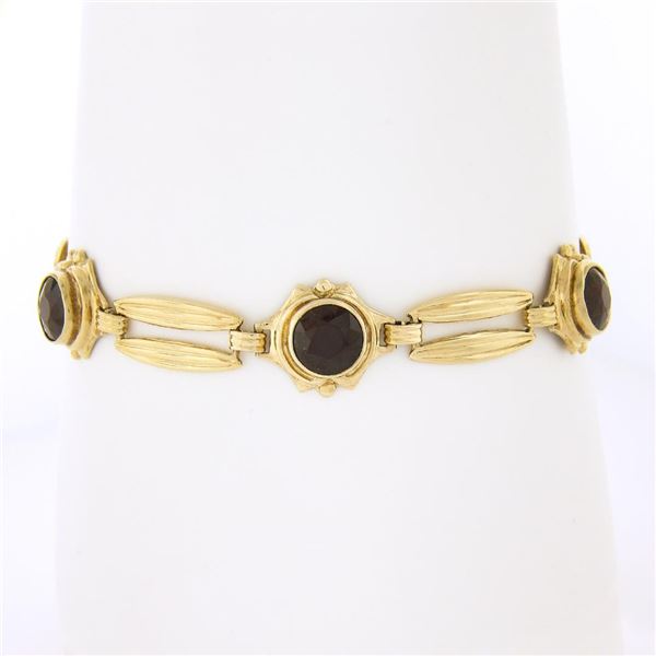 Vintage Retro 14K Yellow Gold 6.75" Bezel Garnet Grooved Bullet Link Bracelet