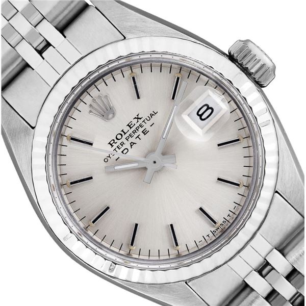 Rolex Ladies Stainless Steel Silver Index Fluted Bezel Date Wristwatch 26MM With