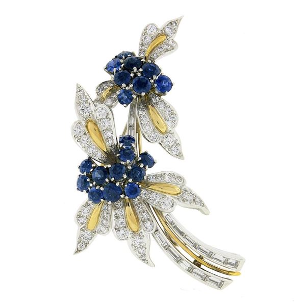 Vintage 18k Gold & Platinum 6 ctw GIA Sapphire & Diamond Flower Branch Pin Brooc