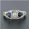 Image 2 : Antique Art Deco 18k White Gold .22 ctw Round Diamond Shield Sapphire 3 Stone Ri